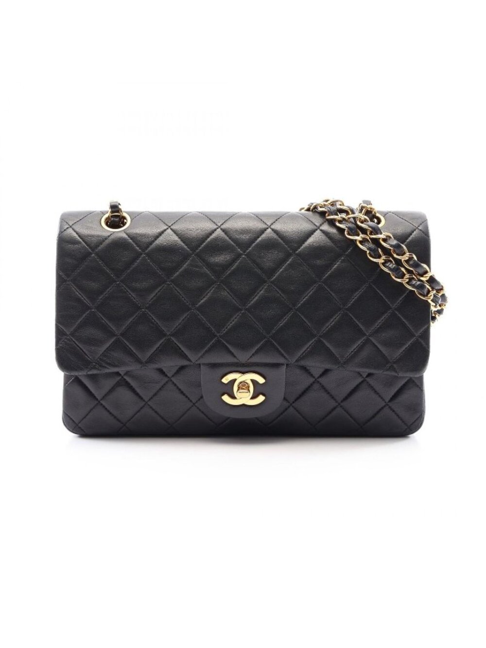 Chanel Shoulder Bag Quilted Double Flap Black Lambskin Chain